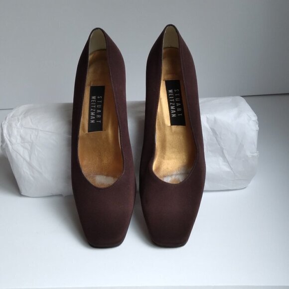 Stuart Weitzman Y2K Brown Sateen /Grosgrain Pumps Square Toe 3" Block Heels Sz 8 - Picture 2 of 10